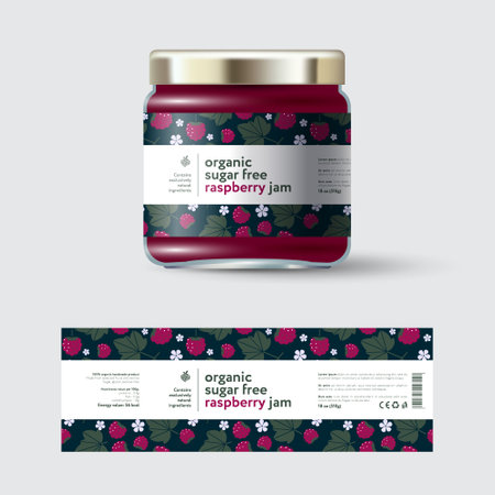 Raspberry Jam label and packaging. Jar with cap with label. White strip with text and on seamless pattern with berries, flowers and leaves.のイラスト素材
