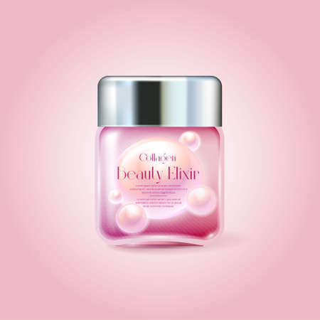 Cosmetic packaging mockup. Label for cosmetic product. Pearl drops of wonderful liquid for youthful and beauty. Anti-age protection for face and body.のイラスト素材