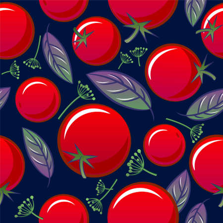 Vegetables mix seamless pattern. Ripe tomatoes with basil leaves and dill spicy herbs. Original simple flat illustration.のイラスト素材