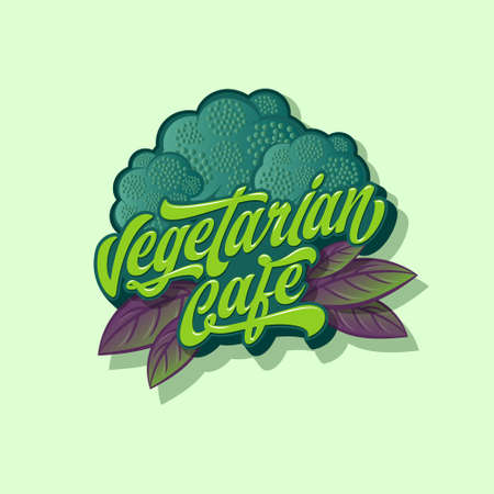 Vegetarian cafe logo. Calligraphic composition with broccoli and basil leaves. Tasty organic products. Vegan food cuisine. Healthy green meal.のイラスト素材