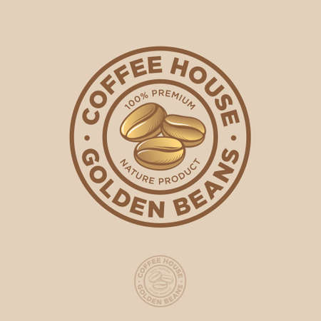 Coffee House logo. Coffee shop and cafeteria emblem. Golden coffee beans with letters in a circle frame. Coffee label.のイラスト素材