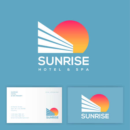 Sunrise logo. Sunrise hotel and resort. Symbol of hotel and sun. Identity. Business card.のイラスト素材