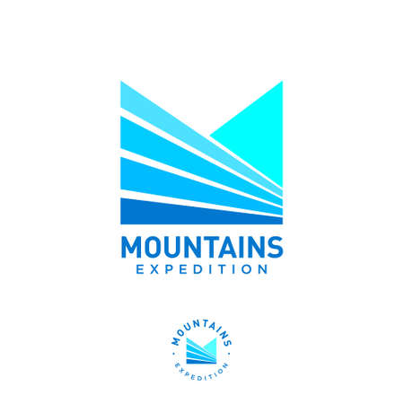 Mountains expedition logo. M monogram. Letter M like mountain fields and blue peaks. Logo can used for business, extreme equipment, clothes, mount tourism.のイラスト素材
