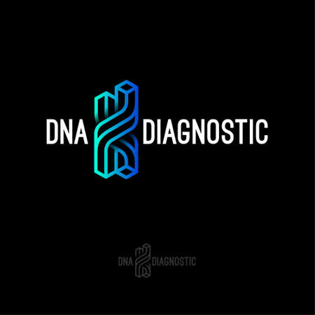 DNA diagnostic logo. DNA double spiral fragment with letters. Twisted elements with illusion of volume. Logo can use for biotechnology center, laboratory, reproduction clinics.のイラスト素材