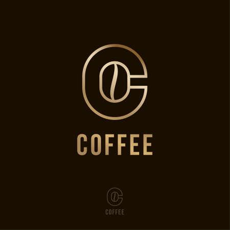 Coffee House logo. Coffee shop and cafeteria emblem. Coffee bean inside the letter C. Gold monogram. Logo for label and packaging.のイラスト素材