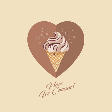 Chocolate Ice cream in waffle cone. Ice cream with topping on heart background with decor. Ice creams illustrations.のイラスト素材