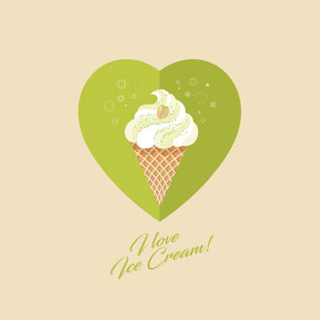 Pistachio ice cream in waffle cone. Ice cream and pistachio on heart background with decor. Ice creams illustrations.のイラスト素材