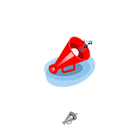 Sound icon. Beautiful glossy red loudspeaker with symbols of music and sounds.のイラスト素材