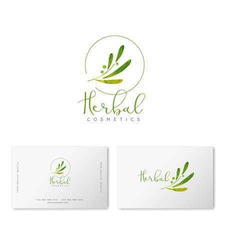Herbal cosmetics logo. Green leaves and lettering. Identity. Business card.のイラスト素材