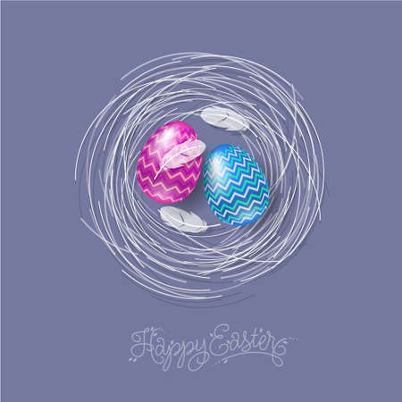 Happy Easter illustration. Lettering and Easter eggs with feathers on a nest.のイラスト素材