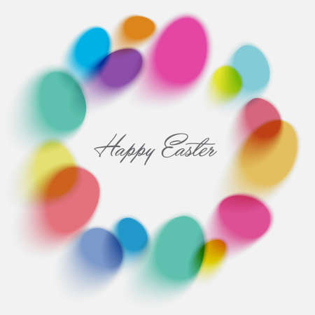 Happy Easter illustration. Lettering and blur color eggs on a white background.のイラスト素材