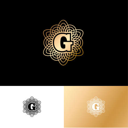 G letter or monogram. The original gold G letter symbol in a circle with lace ornament. Classic style.のイラスト素材