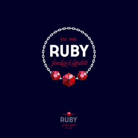 Ruby logo. Red crystals and chain with letters. Premium jewelry emblem.のイラスト素材