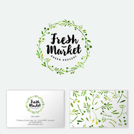 Fresh market logo. Hand-drawn herbs and spices like wreath. Seamless pattern. Business card.のイラスト素材