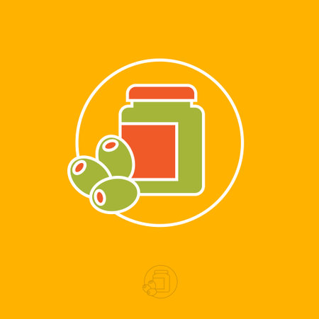 Jar with lid and olives icon. Symbol of canned food. Fresh olives and a jar on a circle.のイラスト素材