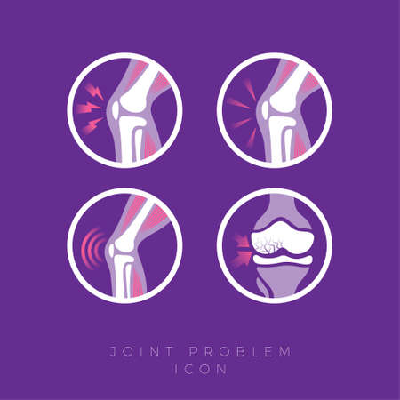 Icons set. Joints and their treatment. Cartilage damage, arthritis, osteoarthritis, restoration of cartilage, pain relief. Flat icons in a circle frames. Health, treatment, medicine anatomy icon. Lineのイラスト素材