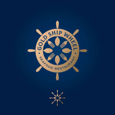 Golden ship wheel logo. Restaurant emblem. Nautical wheel, forks and spoons. Seafood restaurant emblem.のイラスト素材