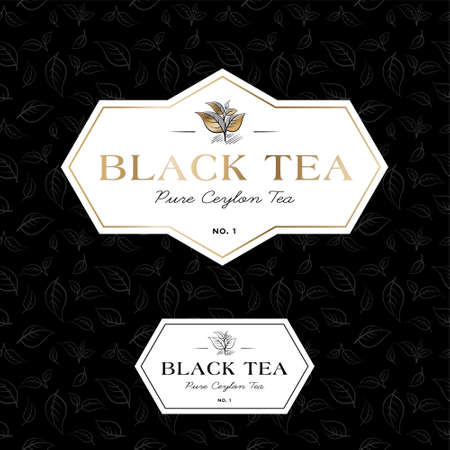 Black Tea logo. Packaging for elite tea. Premium label. Leaves and letters in a classic style on a white geometric label. Premium label.のイラスト素材