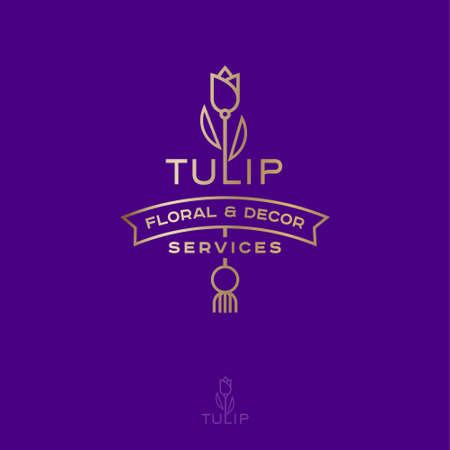 Flower boutique logo. Flowers and home decoration. Florist services. Golden tulip and letters with ribbon. Premium emblem.のイラスト素材