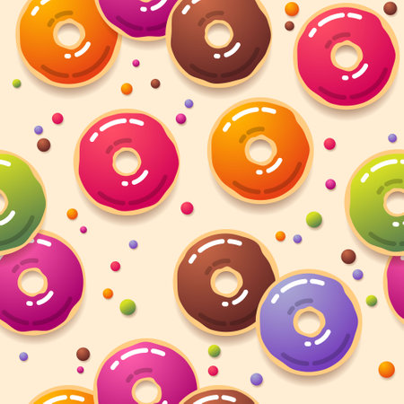 Seamless pattern. Multicolor donuts and small round candy on light background. Funny and yummy background.のイラスト素材