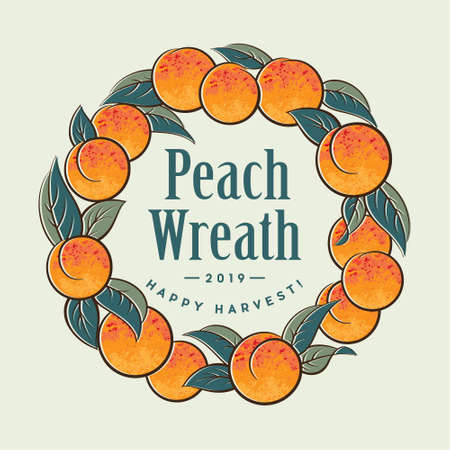 Ripe Peaches Wreath for Label. Fruit with leaves in a circle. Drawing, illustration of a frame of fruit.のイラスト素材