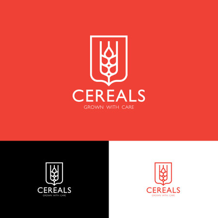 Spikelet in a heraldic shield on different background. Bakery and Pastry. Cereal symbol, agricultural logo. Identity.のイラスト素材