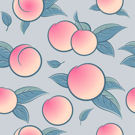Seamless Pattern with Ripe Peach or Apricot and Leaves. Style Packaging Design with Fruit for Textile, Wrapping Paper.のイラスト素材