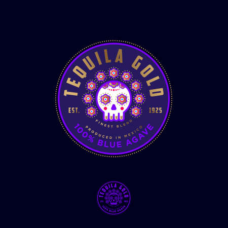 Round Tequila Labels. Tequila Gold Packaging Design. Lettering Composition And Traditional Skull With Flowers At Day Of All The Dead.のイラスト素材