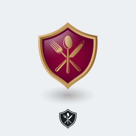 Food Point Icon. Breakfast cafe emblem. Knife, fork and spoon on a dark-red glossy heraldic shield. Monochrome option.のイラスト素材