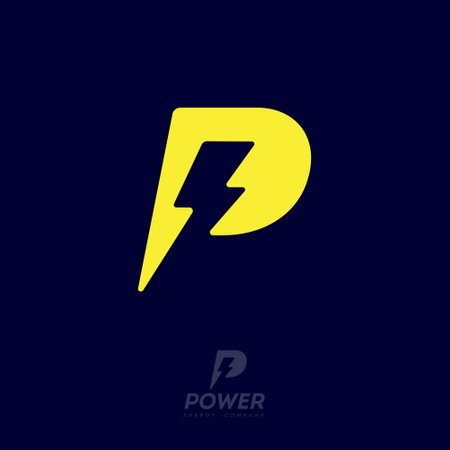 Power logo. P letter and lightning on the dark background. P monogram. Power and energy technology.のイラスト素材