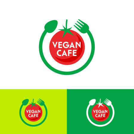 Vegan Cafe logo. Ripe red tomato, fork and spoon in the circle. Vegetarian cuisine.のイラスト素材