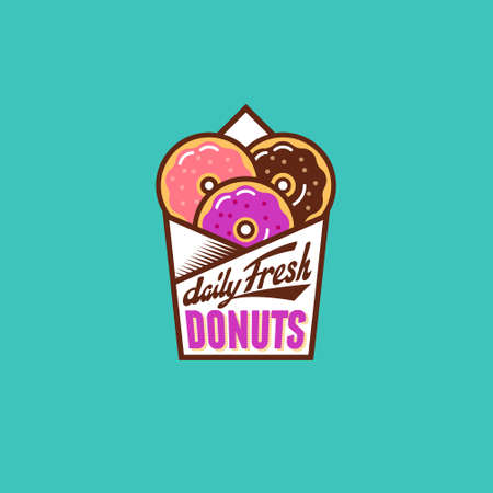 Fresh donuts logo. Multi color Donuts into paper bag. Vintage lettering. Bakery and street food icon.のイラスト素材