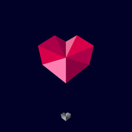 Stone heart icon. Faceted red crystal like heart on a dark background. Ruby gem.のイラスト素材