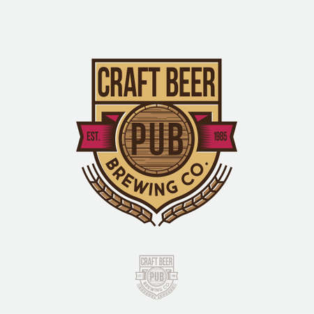 Craft Beer logo. Emblem as a heraldic shield. with ribbons, letters and barrel symbol. Vintage style.のイラスト素材