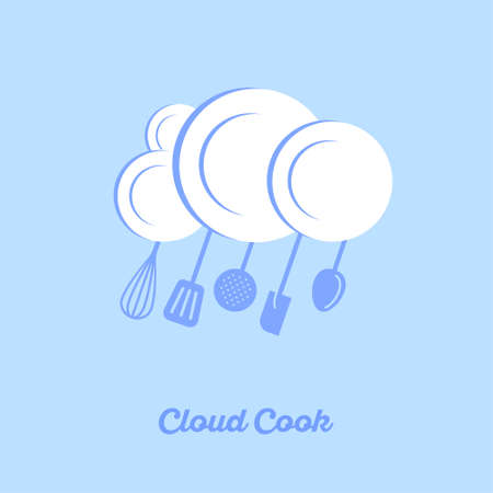 Clean plates and kitchen utensils, like a cloud with rain. Washed dishes symbol. Clean dishes icon.のイラスト素材