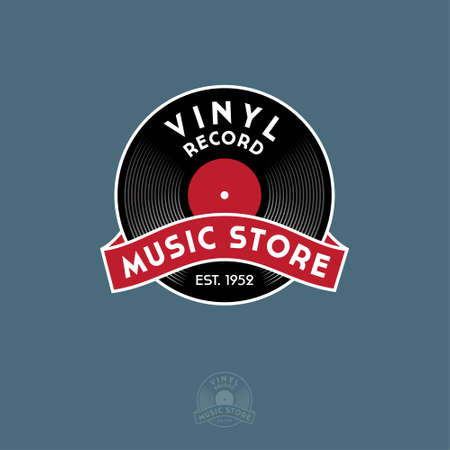 Vinyl Record with ribbon. Logo for vintage music store. Identity in engraving style.のイラスト素材