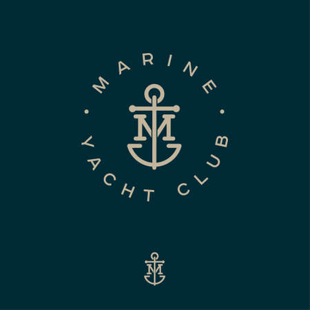 M monogram. Marine logotype. Logo of yacht club, maritime emblem. Crossed letter M and anchor into a circle.のイラスト素材