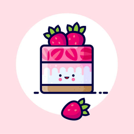 Cheesecake with whipped cream, jelly, strawberry slices and whole strawberry. Yummy dessert Icon. Cute kawaii illustration. Japanese style.のイラスト素材