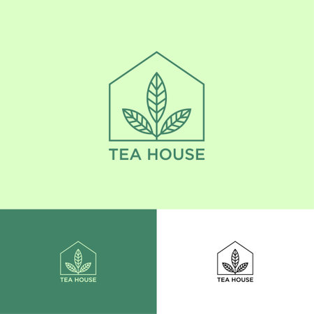 Tea House logo. Tea shop emblem. Green Leaves into small house on a different backgrounds.のイラスト素材