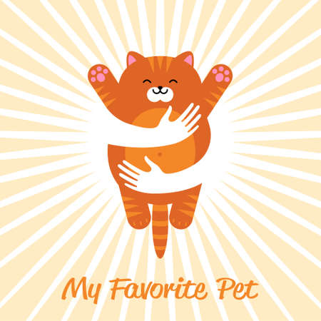 My Favorite Pet logo. Human hands are keeping cute red cat. Logo for veterinary clinic & pet care center. Fun flat illustration.のイラスト素材