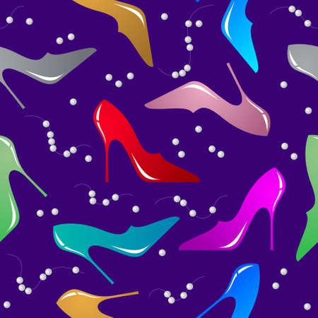 Seamless pattern with female shoes and pearls. Color lady's shoe with heels on dark background.のイラスト素材