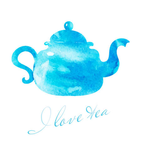 Watercolor teapot illustration. Cafe and tea bar picture. Blue teapot for tea watercolor picture.のイラスト素材