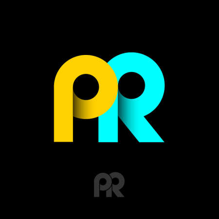 PR logo. Public relations emblem. Monogram consists of yellow and azure ribbons. Origami letters on dark background. Web, ui icon.のイラスト素材