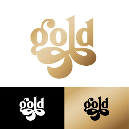 Gold logo. A beautiful lettering for jewelry. Golden letters with curls on different backgrounds. Royal style.のイラスト素材