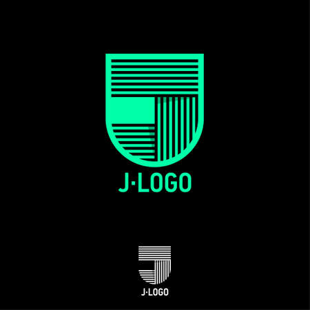 J monogram. J logo on a green shield. Letter J consists of some strips, isolated on a black background. J monogram. Network, web, logistic icon.のイラスト素材