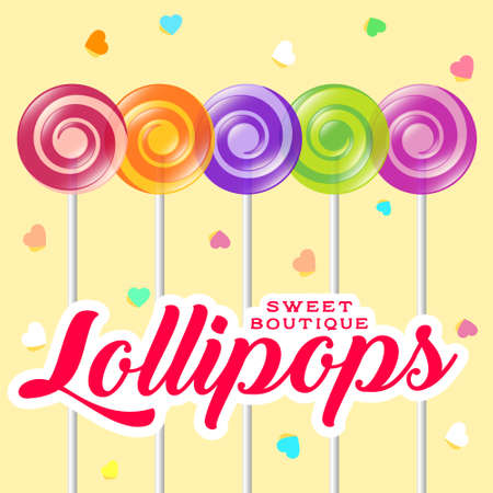 Lollipop boutique poster. Sweets shop illustration. Lollipop with letters and hearts on the light background.のイラスト素材