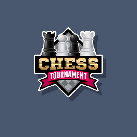 Chess tournament logo. Chess competition emblem. Chess and ribbon with letters.のイラスト素材