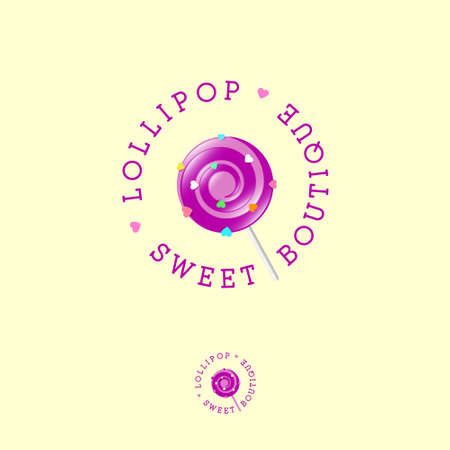Lollipop boutique logo. Sweets shop emblem. Lollipop with letters and hearts.のイラスト素材