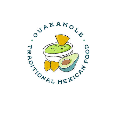 Mexican restaurant logo. Guacamole and nachos drawing. Avocado sauce and avocado one cut in half with bone illustration.のイラスト素材