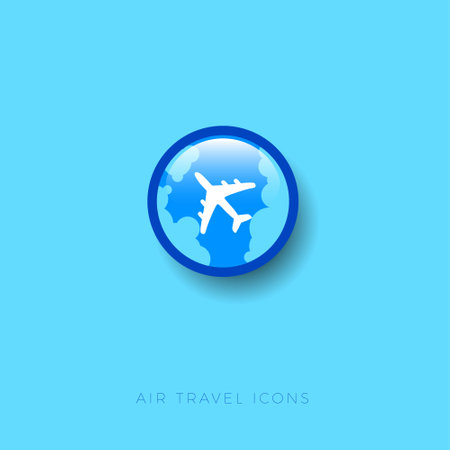Travel plane icon. Airplane in the sky with clouds glossy button.のイラスト素材